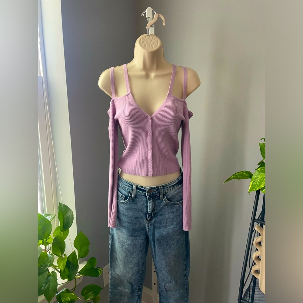 NWT. Pastel Purple, Off Shoulder Cardigan